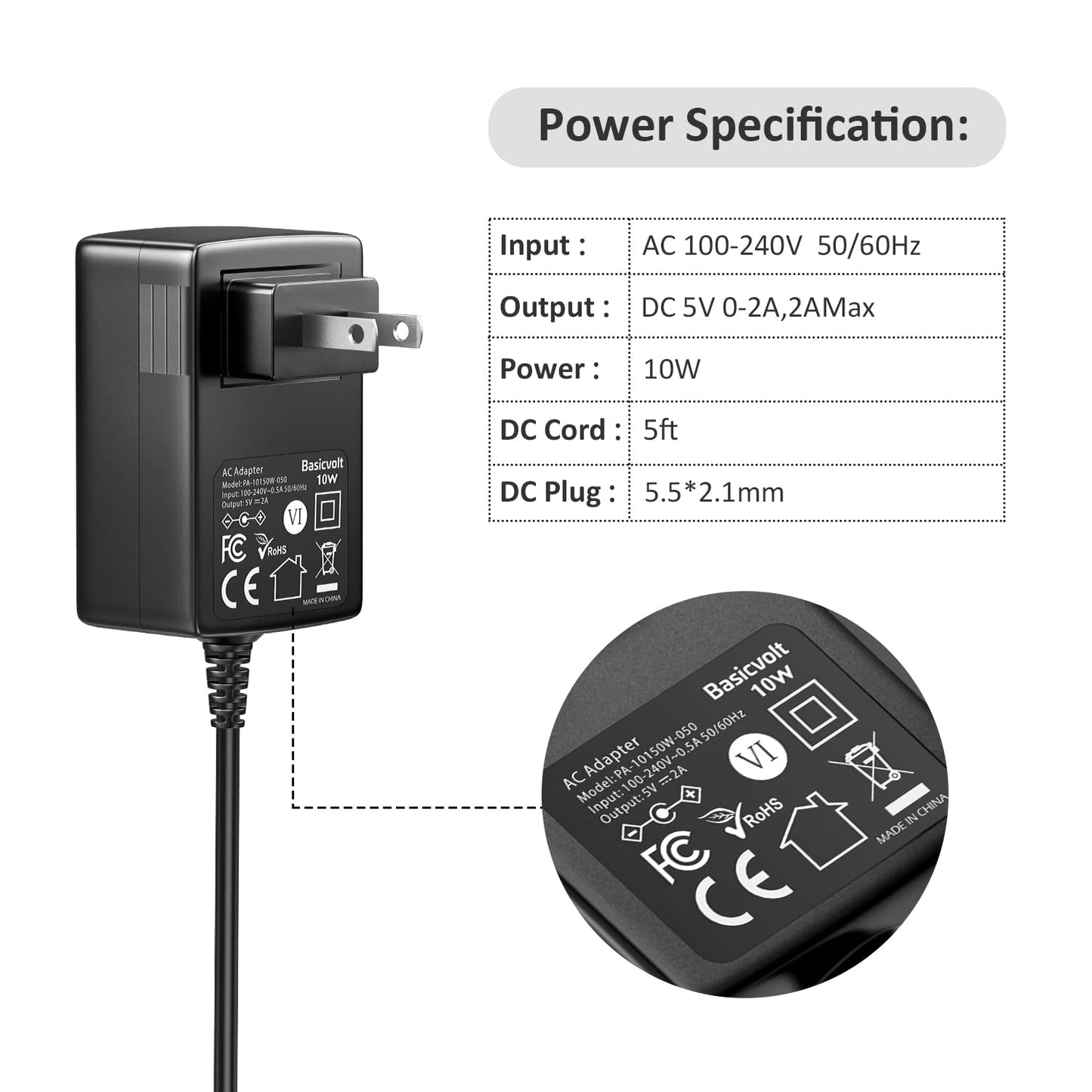 Basicvolt 5V 2A AC Adapter, Versatile 5Volt 2Amp Power Supply Wall Charger Power Adapter w/ 8 Tips for Camera, BT Speaker, GPS, USB Hub, TV Box…