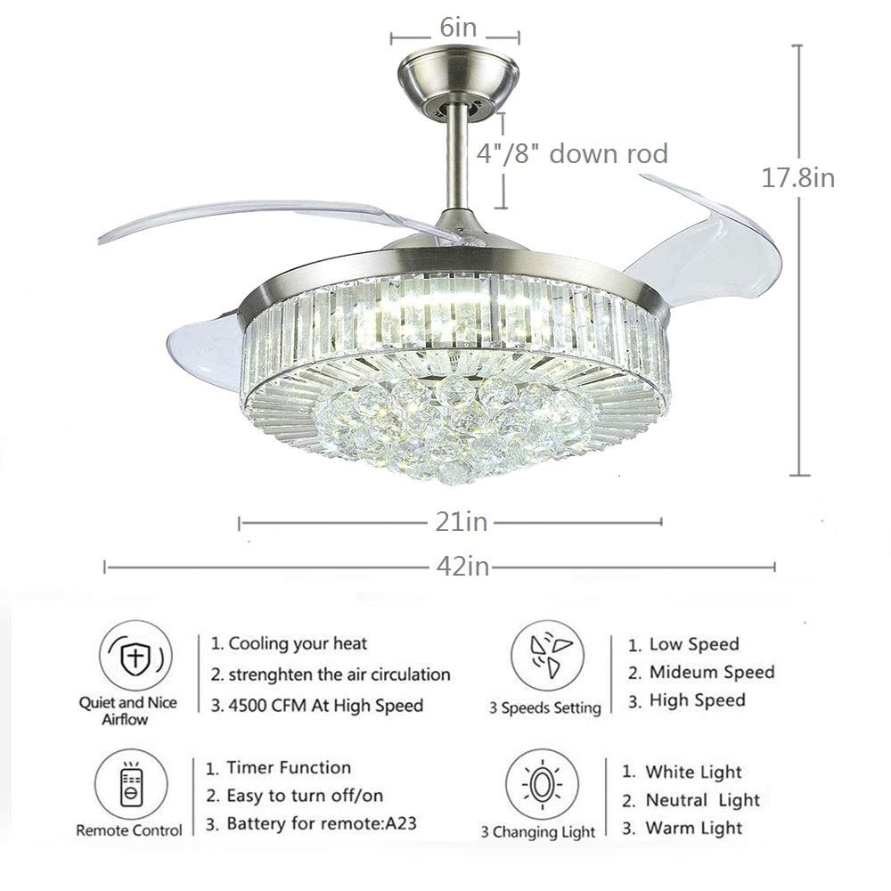 42" Crystal Fandelier Ceiling Fan with Lights,Modern Chandelier Ceiling Fan with Retractable Blades Indoor LED Lighting for Bedroom Living Room,Quiet