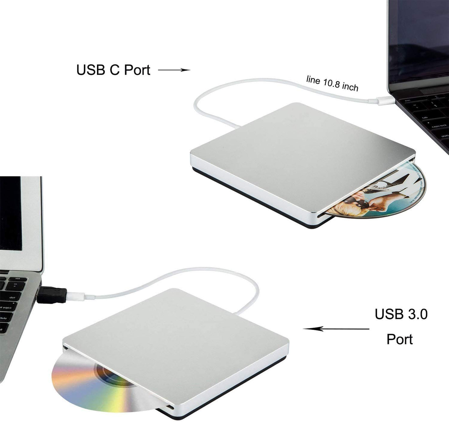Aouan External CD DVD Drive Burner/Portable/Slim/Reader/Type-c/USB-C Drive(Equipped with USB 3.0 Adapter) for MacBook Pro/PC/Mac/Laptop/Air Windows7/