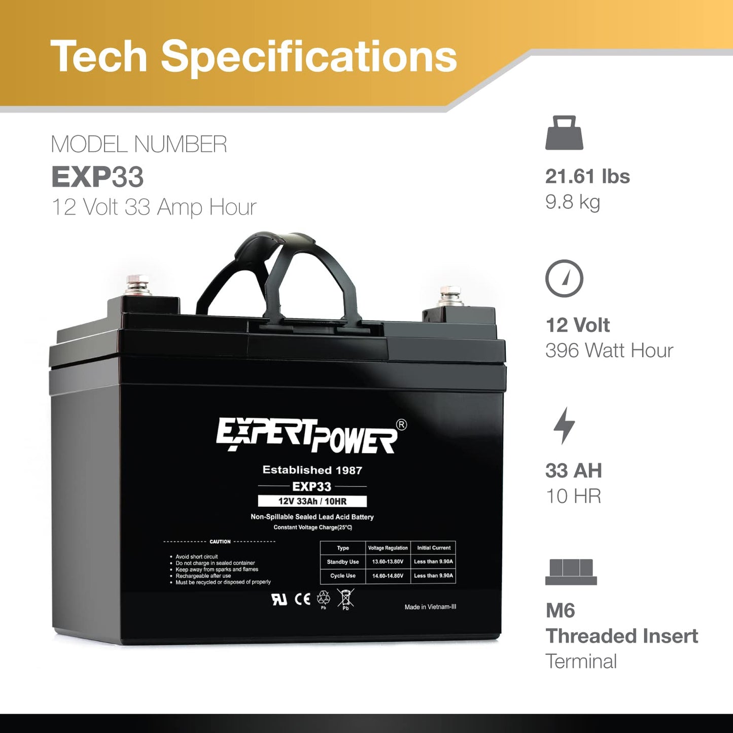 ExpertPower EXP33-12V 33Ah SLA AGM Battery for Solar Energy Storage, UPS, Trailer, Security System, Mobility Scooter, Small Marine Battery Backup…
