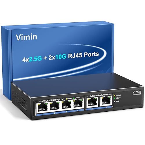 6-Port 10G/2.5G Ethernet Switch with Dual 10GBASE-T, Vimin 4X 2.5G +2 x 10Gb RJ45 Ports Unmanaged Switch, 60Gbps Capacity, 10G Switch Desktop/Wall