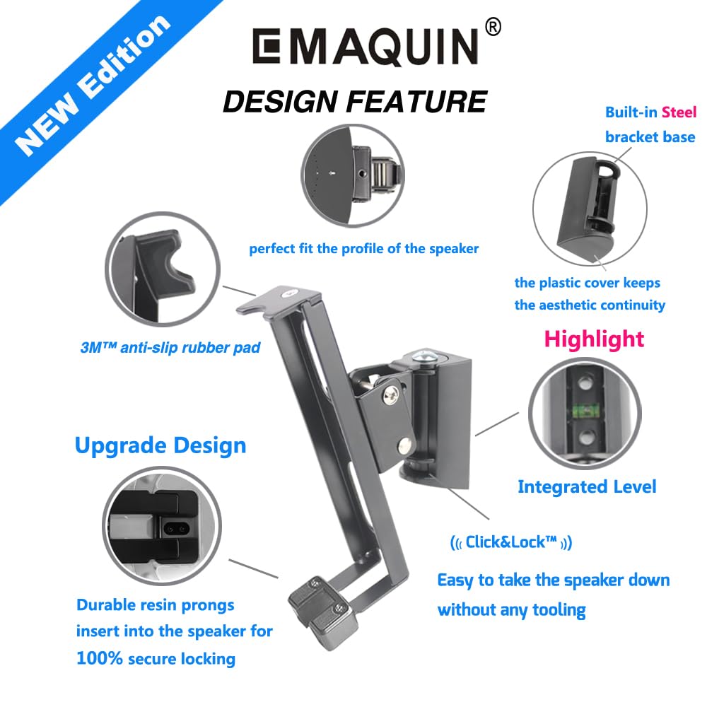 EMAQUIN Wall Mounts Brackets-Pair Set-2PCS for SONOS ONE/SONOS ONE SL/SONOS Play 1 Speaker (Include 2PCS,Swivel and Tilt,Compatible with Both SONOS