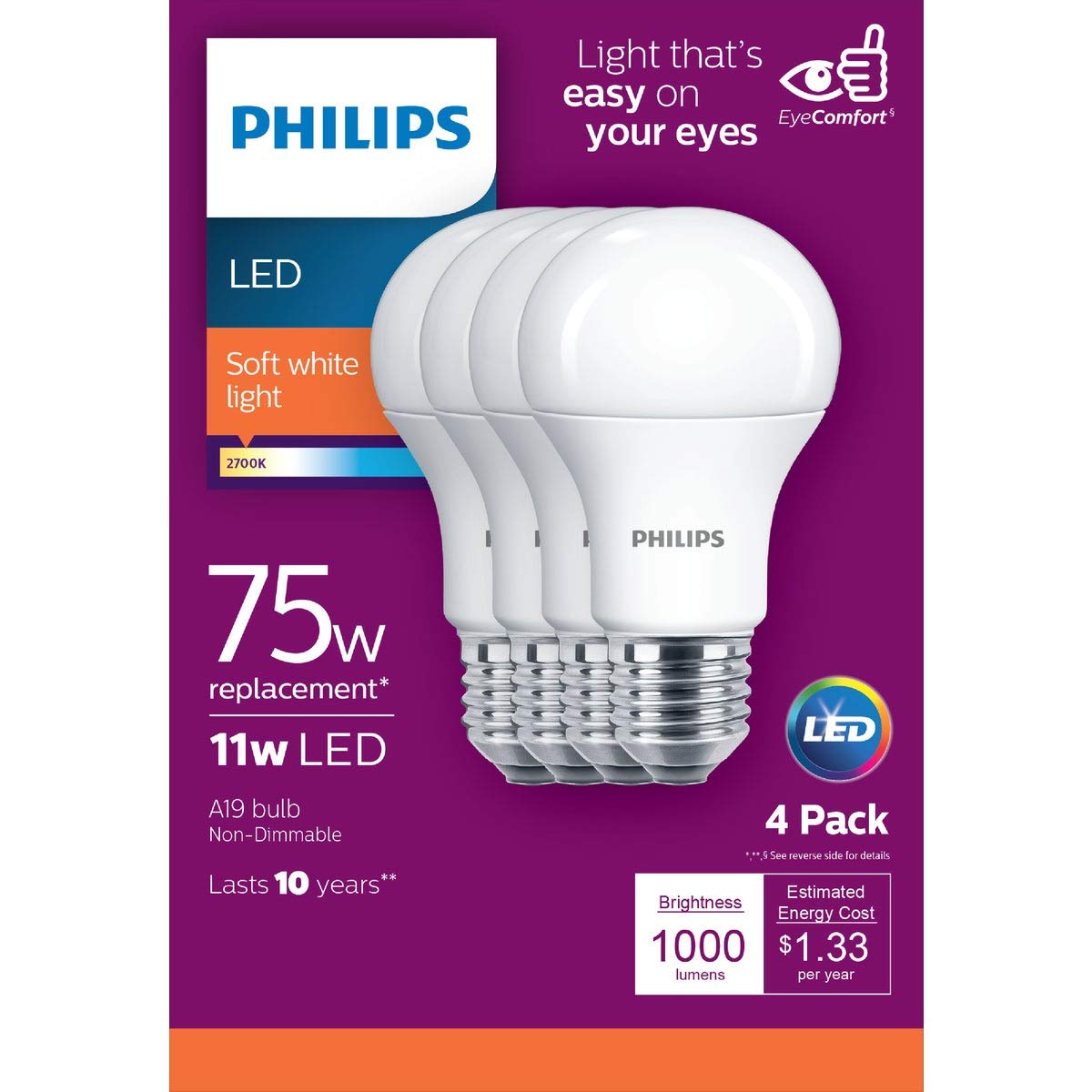 Philips LED Frosted Non Dimmable A19 Light Bulb - EyeComfort Flicker Free - 11W=75W - 1000 Lumen - Soft White (2700K) - E26 Base - Indoor - Pack of 4