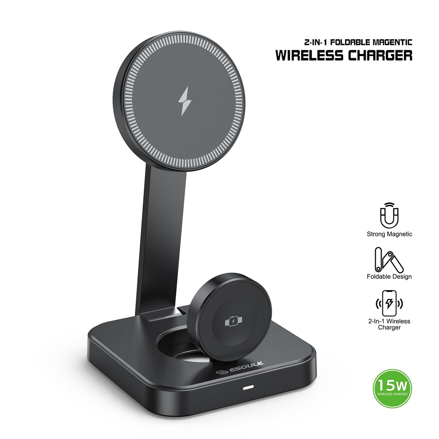 Esoulk 2 in 1 Wireless Charger for iPhone & Watch, 15W Fast Charging for Phone & 5W for Watch, Magnetic Wireless Charger Stand, Compact Foldable