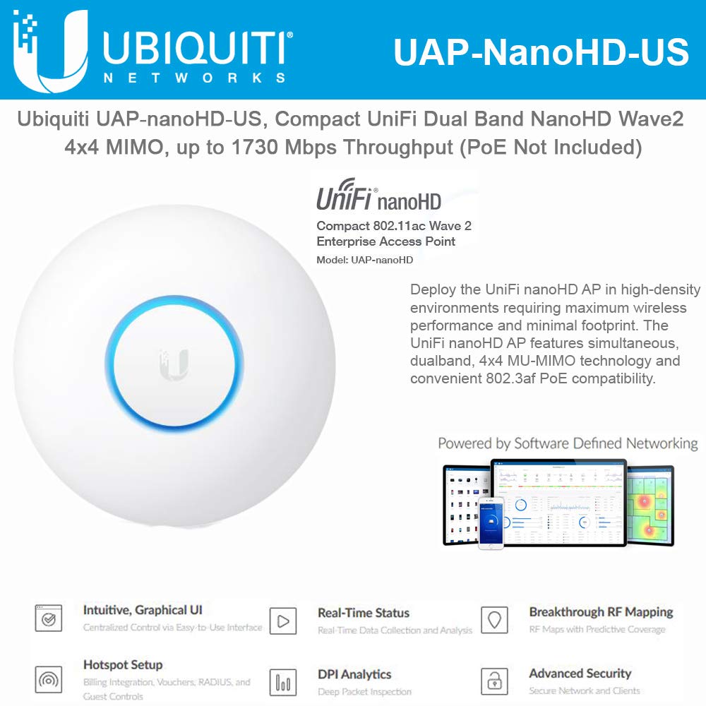 UniFi nanoHD UAP-nanoHD-US Compact Dual Band Wave2 Enterprise Wi-Fi 4x4 MIMO 1730 Mbps