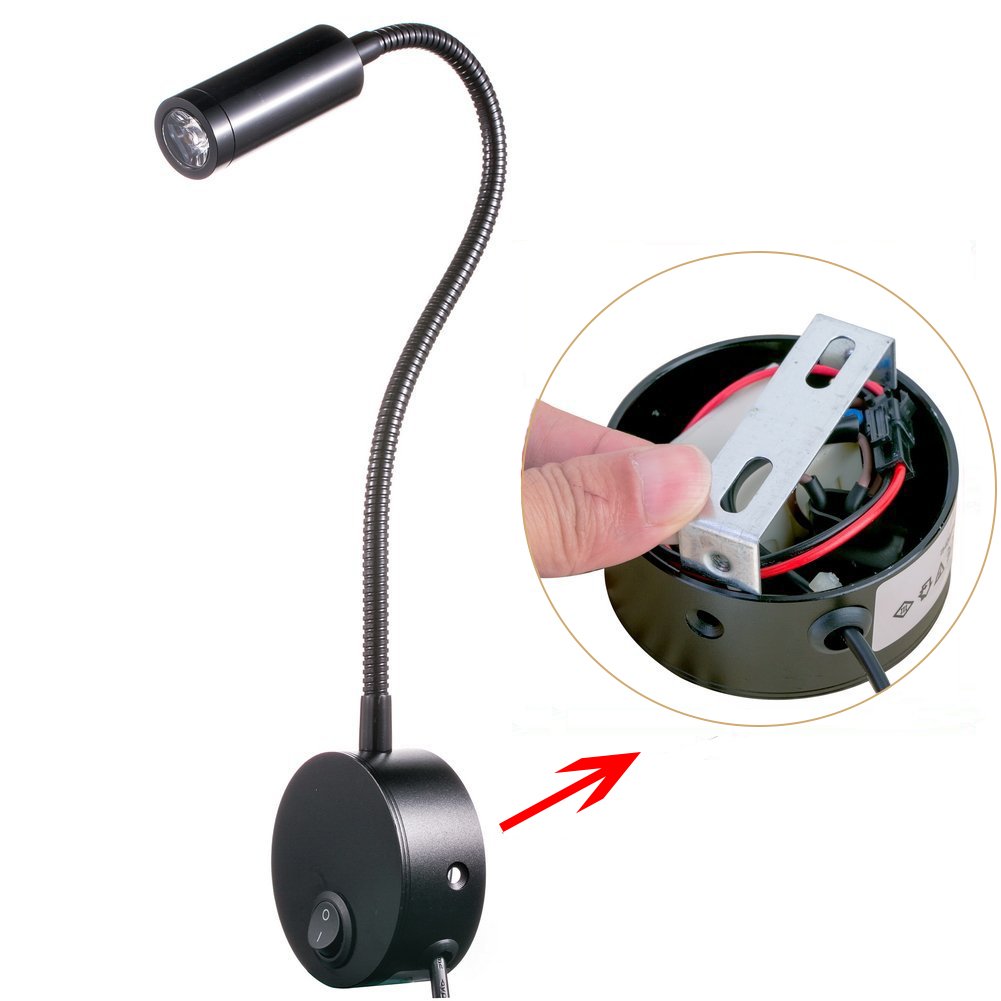 WeFoonLo 3W Wall Mounted Reading Light Flexible Gooseneck LED Sconce Lamp with Plug & Switch for Bedroom, Office, Workbench, Studio (01 Black Warm)