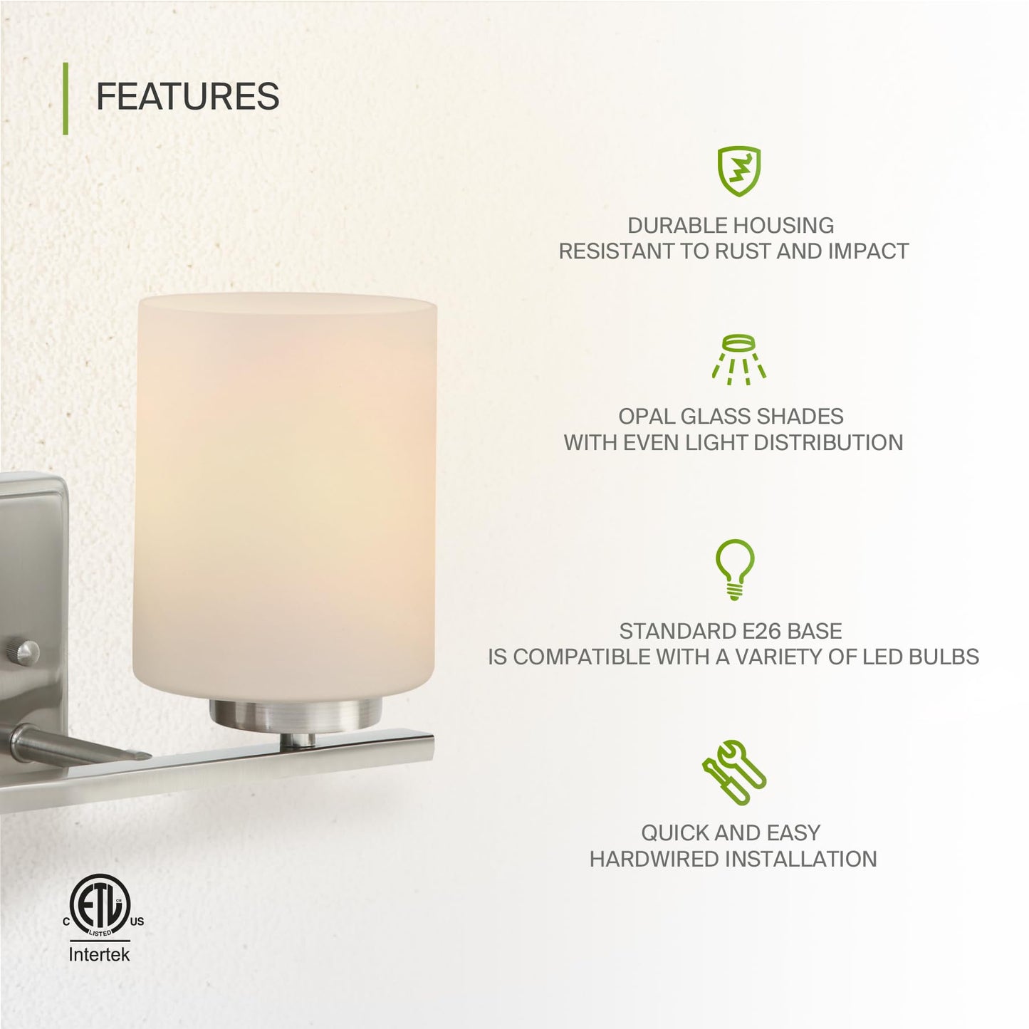 ASD 2-Light Wall Mount Vanity Lighting Fixture | 60W E26 Socket 120V | Dimmable, LED/CFL/Incandescent Bulbs Compatible, ETL Listed | Bathroom Over