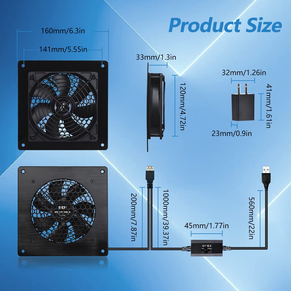 SCCCF USB Cabinet 120MM Fan Quiet Cooling Fan System 6" with Speed Control, for Home Theater AV Cabinets