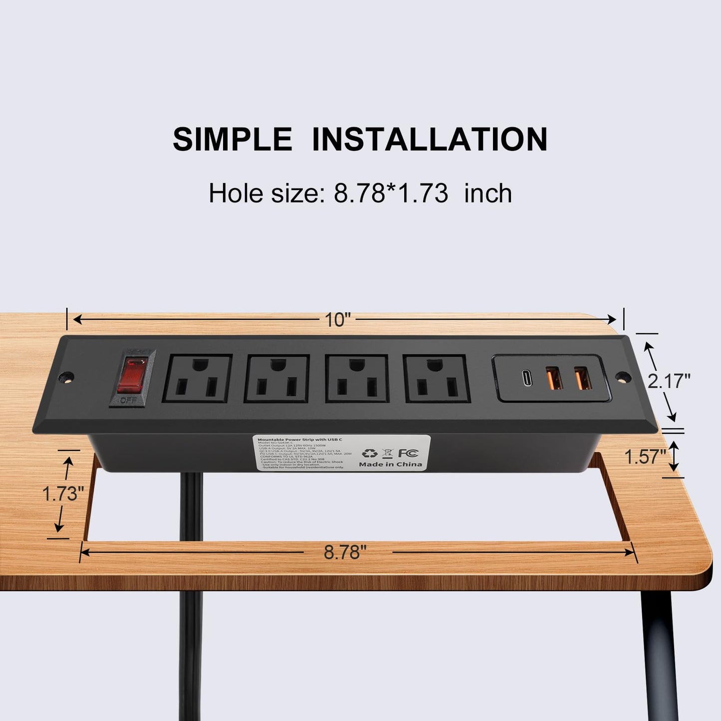 Recessed Power Strip with Type C 20W PD Fast Charge Desk Power Outlet 4 Outlets 2 USB and 1 USB C Built in Furniture Extension Power Plug for Dorm