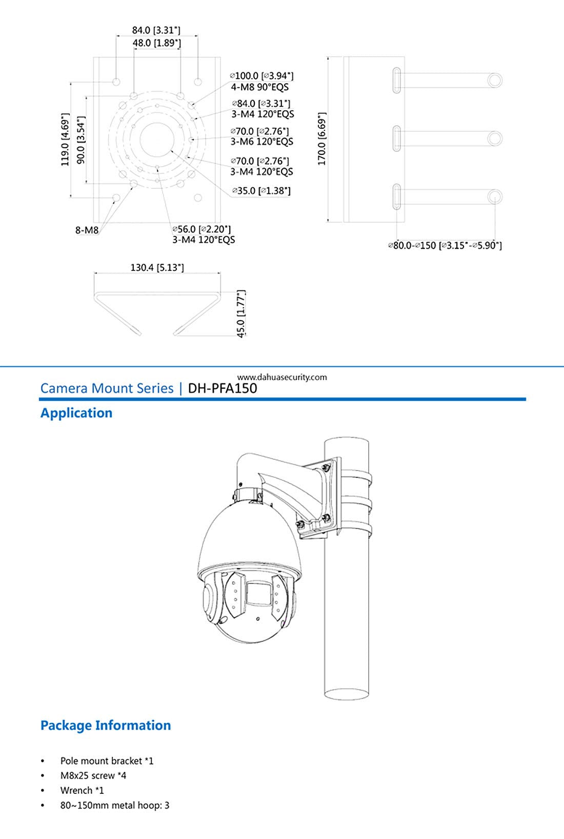 BeElion Pole Column Vertical Pole Mount Bracket for CCTV Dahua Wall Mounts Dome Security Cameras - Weatherproof 80-150mm Adjustable Hoop, 10KG Load