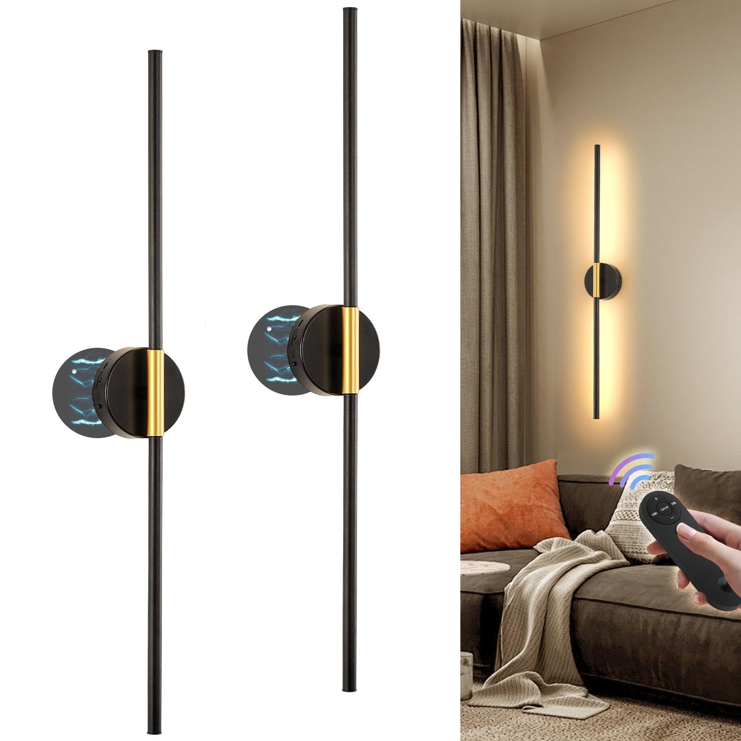 JOOSENLUX Battery Operated Wall Sconces Set of 2 - Gold & Black LED Wall Light, Dimmable, Remote?Control, Adjustable Arm, Cordless Aluminum Modern Art