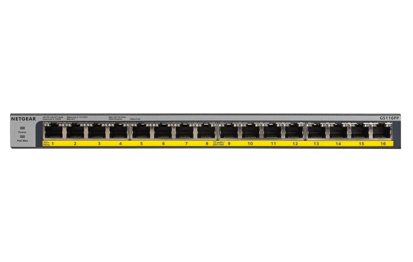 NETGEAR 16-Port Gigabit Ethernet Unmanaged PoE Switch (GS116PP) - with 16 x PoE+ @ 183W, Desktop, Wall Mount or Rackmount, and Limited Lifetime