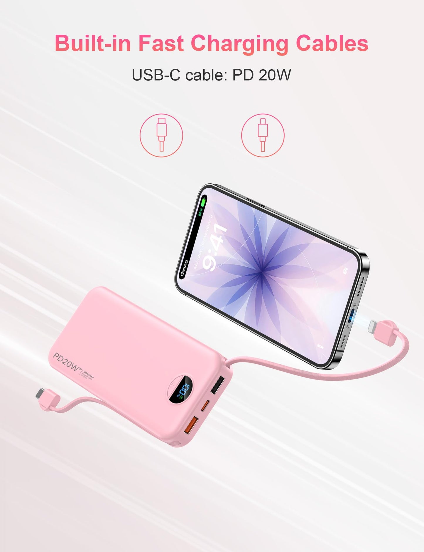 Portable Charger with Wall Plug, 10000mAh USB C Power Bank Fast Charging, External Battery Pack with Built in Cables, Digital Display, 5 Output 4