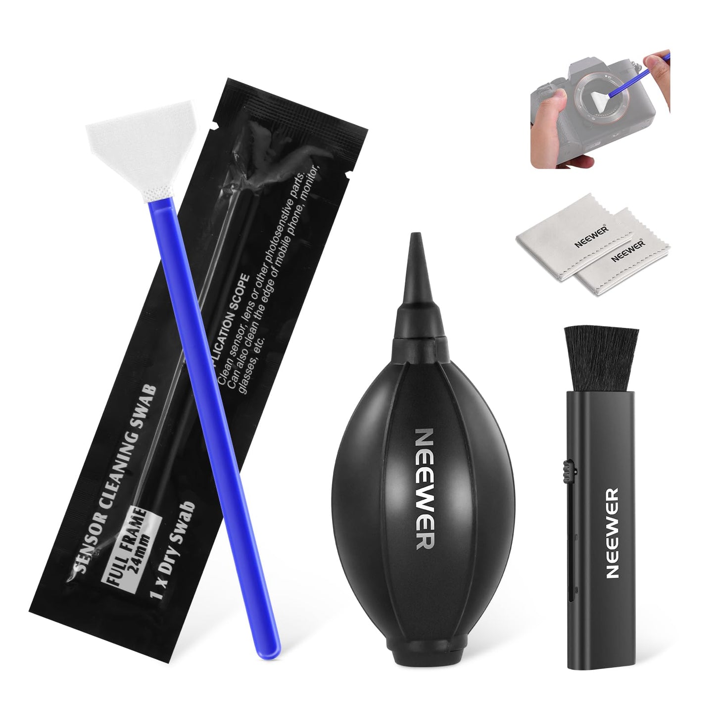 NEEWER 5 in 1 Camera Lens Cleaning Kit, 1x Lens Brush Pen + 1x Air Blower + 1x 24mm Full Frame Sensor Swab + 2X Cleaning Cloth, for Electronics