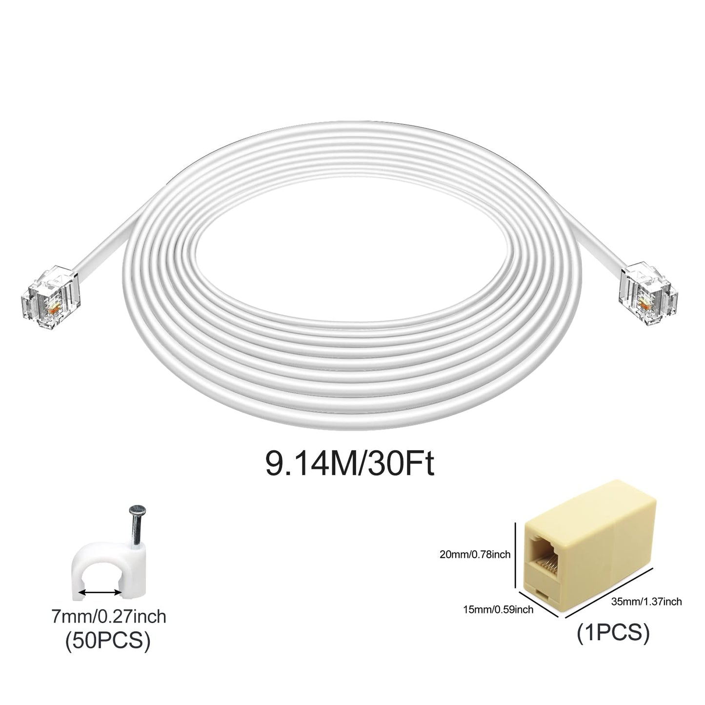 OLIREXD 2PCS 30Ft Phone Extension Cord Male to Male Telephone Flat Cord with Standard RJ11 6P4C Plug and 1 in-Line Coupler 50PCS Cable Clamp Holders