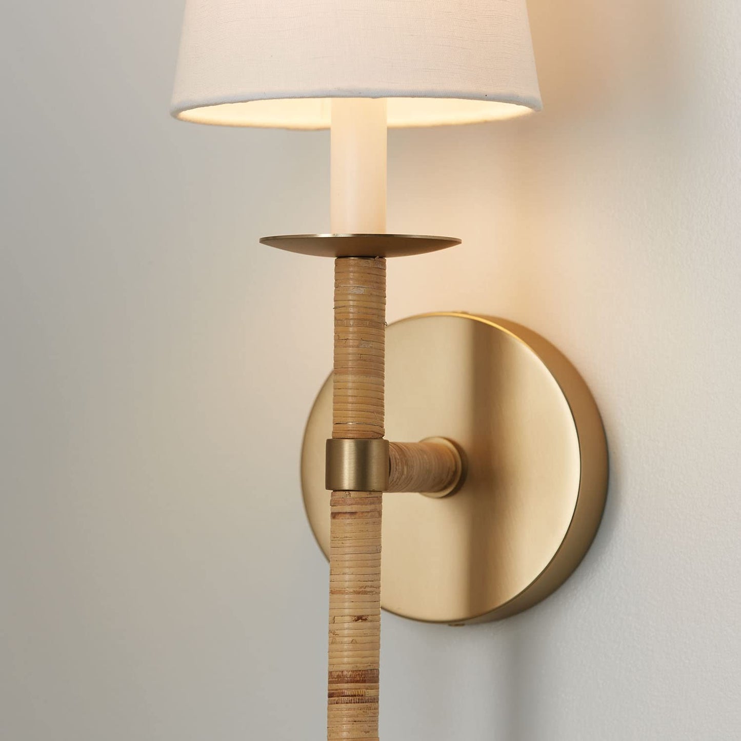 Capital Lighting 647211MA-705 Tulum White Fabric Shade with Handcraft Rattan Torchiere Wall Sconce, 1-Light 60 Watt, 18" H x 6" W, Matte Brass