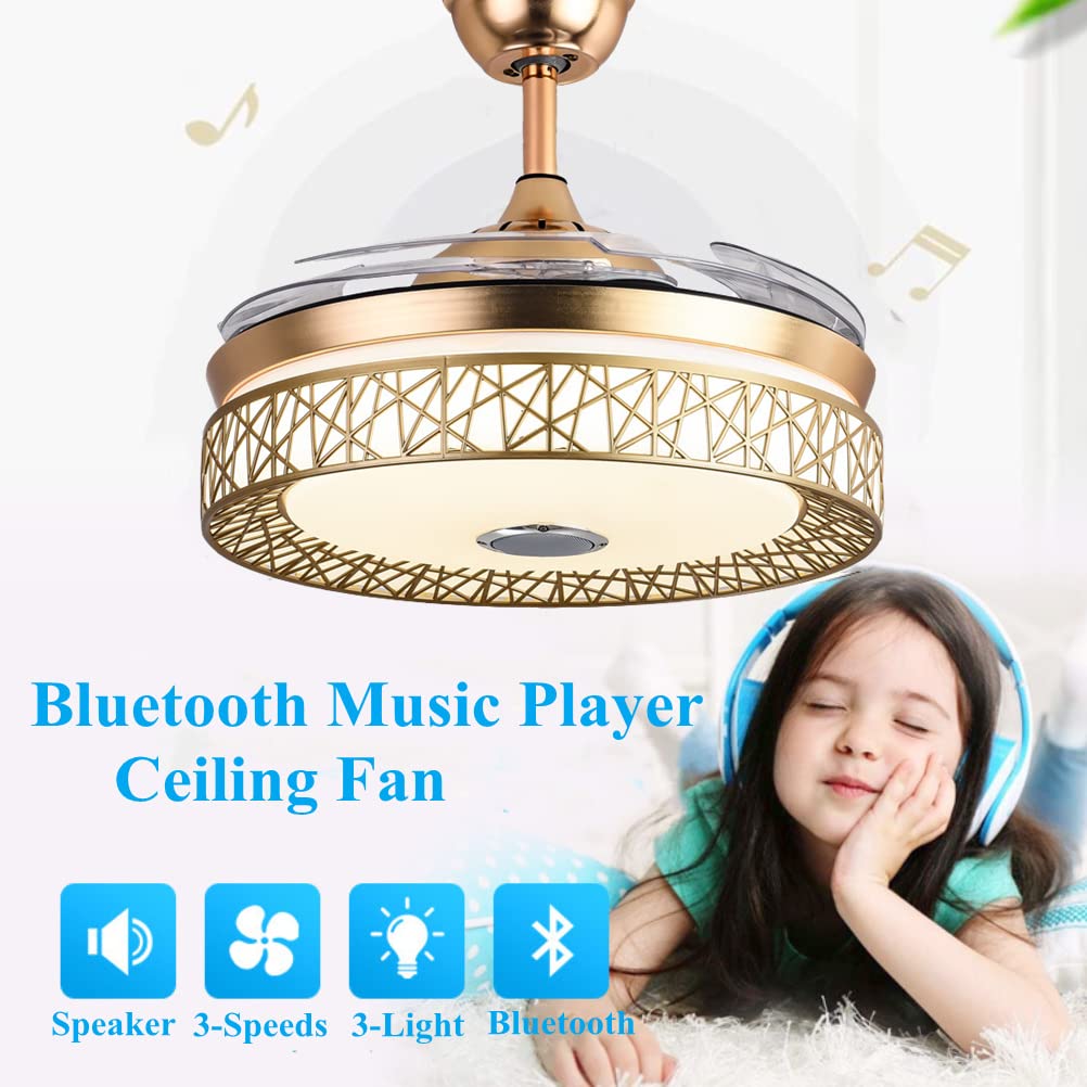 42inch Invisible Fandelier Ceiling Fan with Lights and Bluetooth Speaker, Retractable Fan Chandelier with Remote Control 3 Light Color 3 Speeds Silent