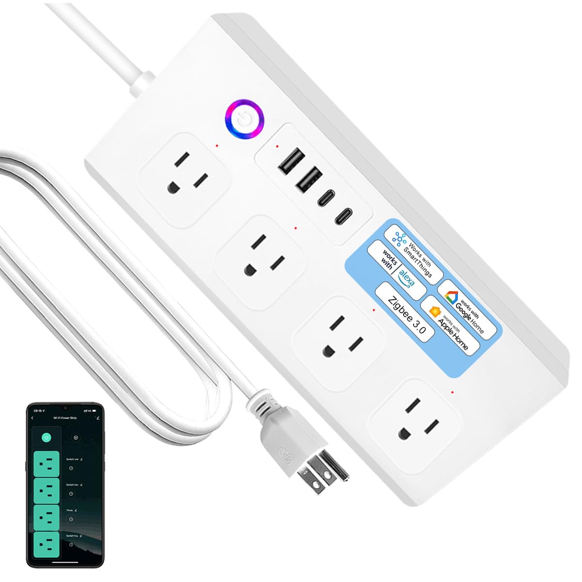 XENON Zigbee Smart Power Strip ,Surge Protector with 4 Individually Controlled AC Outlets and 4 USB Ports, Alexa and Google Home Compatible, 5ft