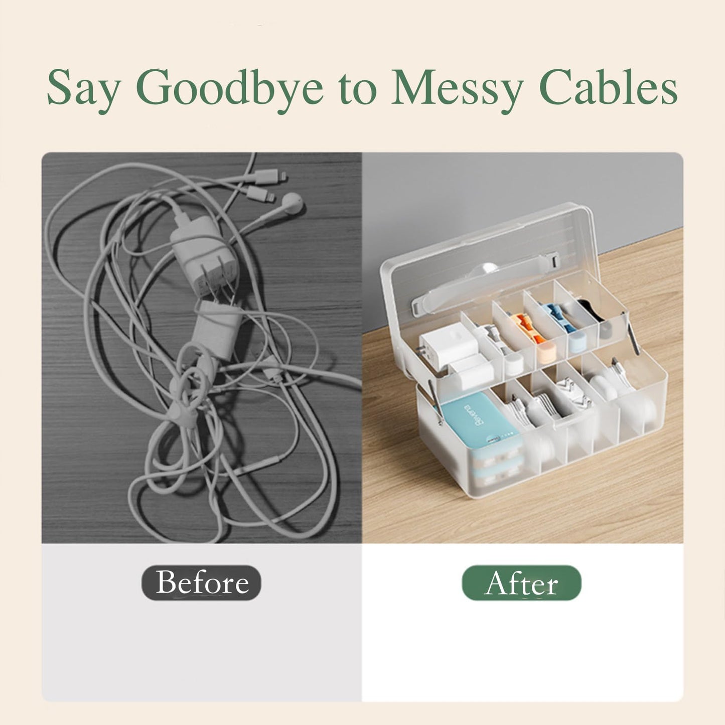 Atathro Double Layer Cable Organizer Box for Charging Cables, USB Wires, Adapters, Earphones & Small Electronics Accessories - Includes Cable Ties &