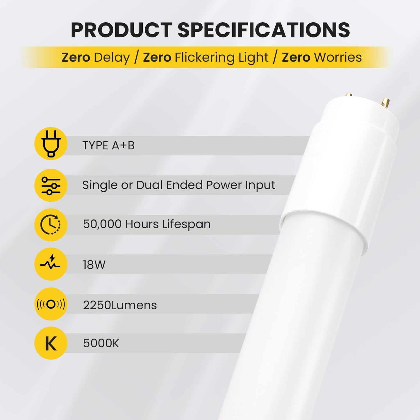 Paby 25 Pack 4FT LED T8 Type A+B Light Tube, 18W, Plug & Play or Ballast Bypass, 2250LM, 5000K, Single or Double End Power Input, 120-277V, T8 T10