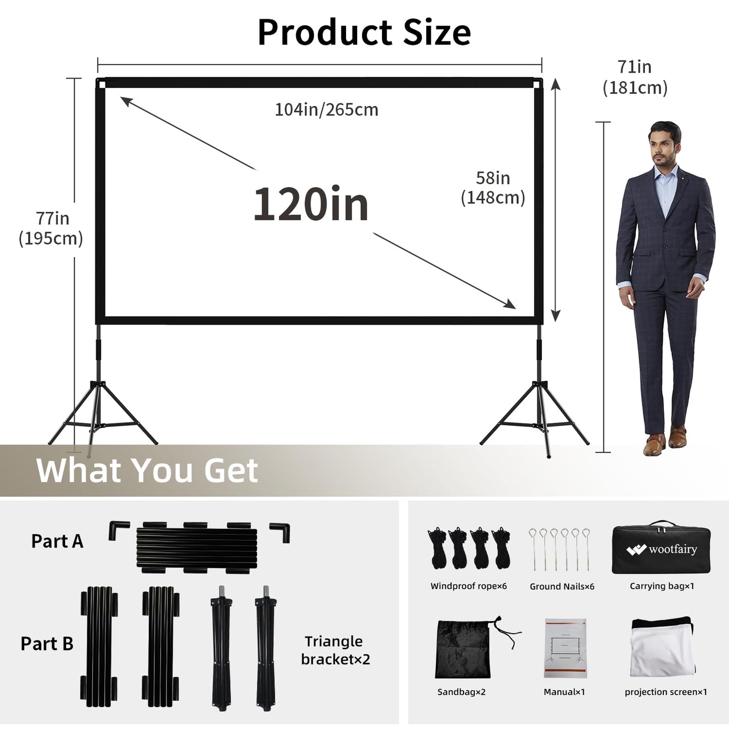 Projector Screen with Stand, Wootfairy 120 inch Portable and Foldable Indoor Outdoor Projection Screen 16:9 4K HD Rear Front Wrinkle-Free Movie Screen