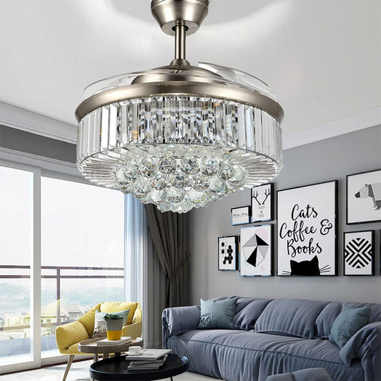 42" Crystal Fandelier Ceiling Fan with Lights,Modern Chandelier Ceiling Fan with Retractable Blades Indoor LED Lighting for Bedroom Living Room,Quiet
