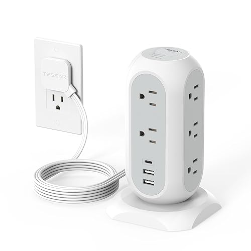Tower Power Strip Flat Plug with 11 Outlets 3 USB (1 USB C), TESSAN Surge Protector Tower 1625W/13A,1050J Protection, 6 Feet Extension Cord