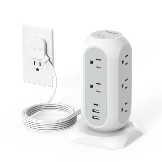 Tower Power Strip Flat Plug with 11 Outlets 3 USB (1 USB C), TESSAN Surge Protector Tower 1625W/13A,1050J Protection, 6 Feet Extension Cord