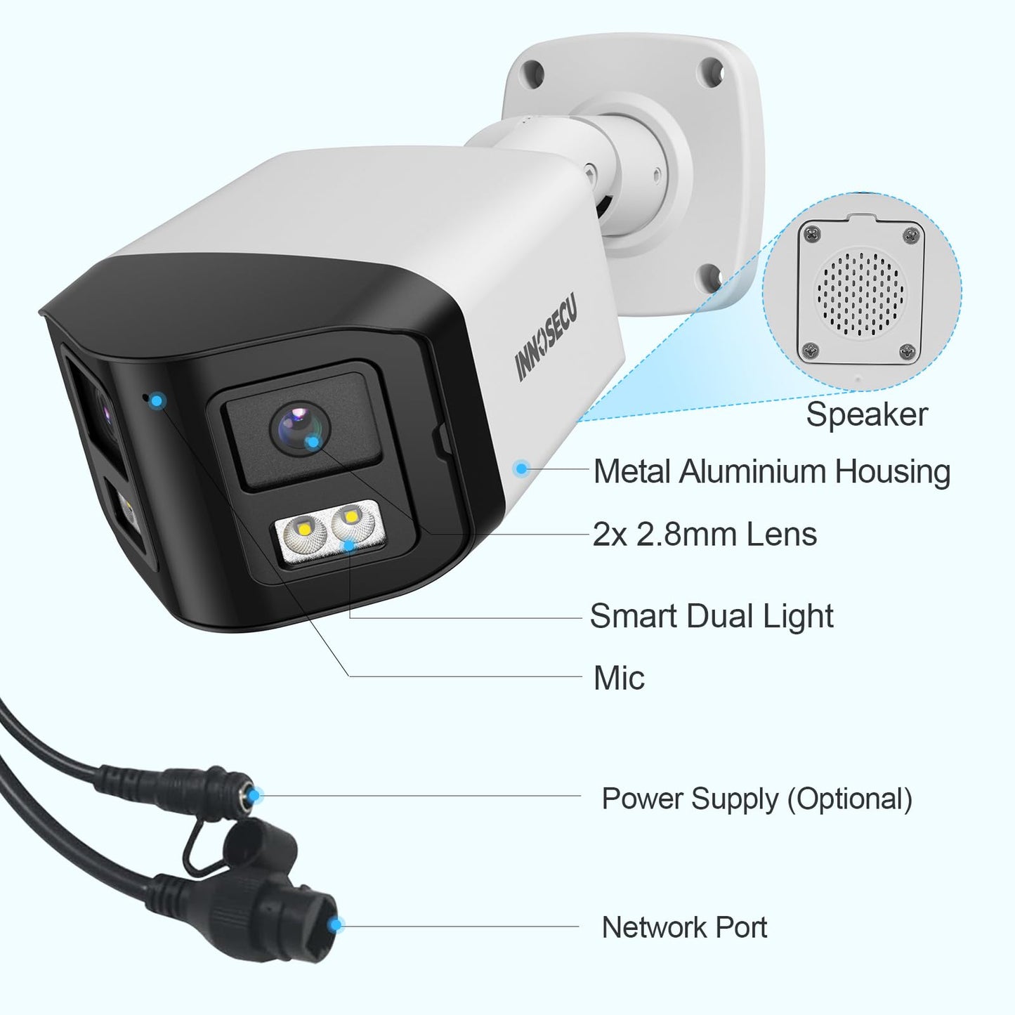INNOSECU 8MP Dual Lens IP PoE Camera, 2X 4MP Security Bullet Surveillance Camera with 180° Angle View, Waterproof IP67, Light Color Night Vision