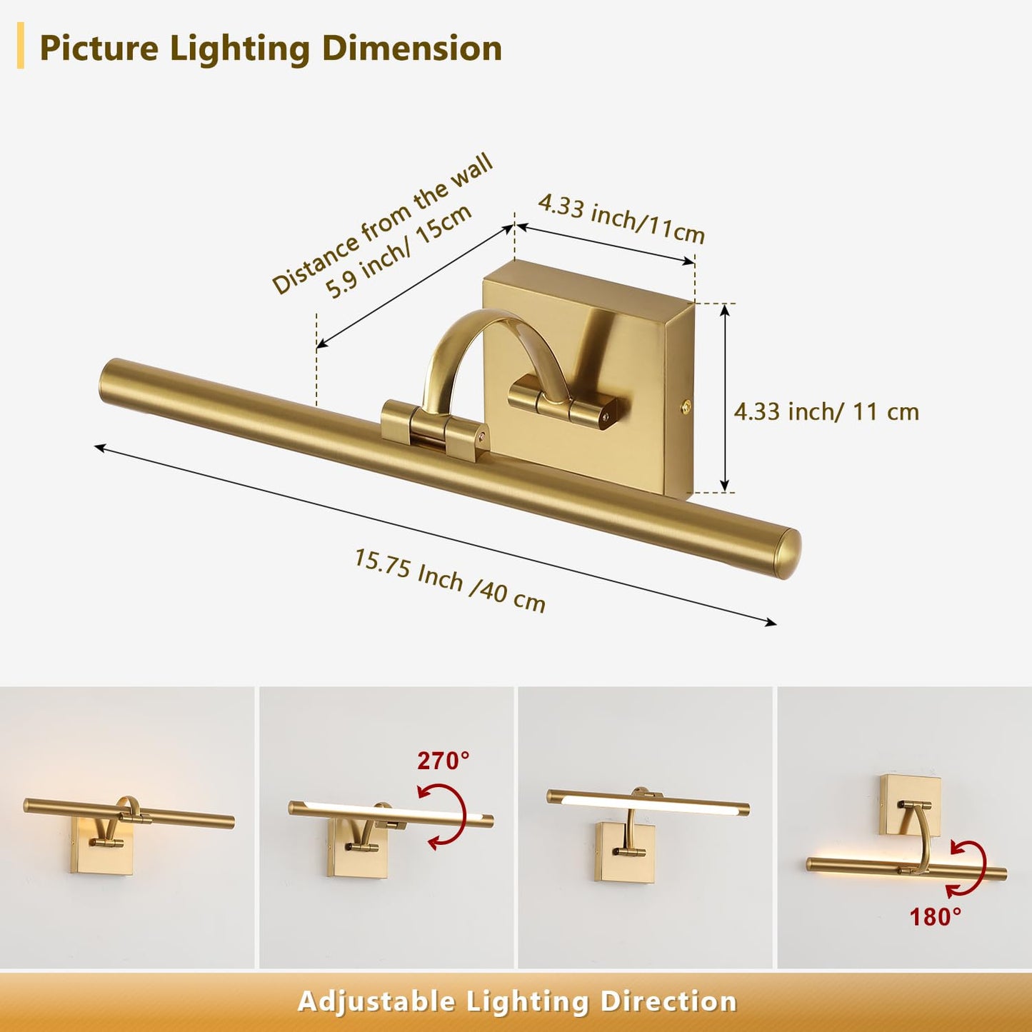 DESOOP Brass Picture Lights for wall Hard-Wired LED Picture Lighting Dimmable Art Light Gallery Lighting for Wall Portraits Artwork 15.75 inch 7W Warm