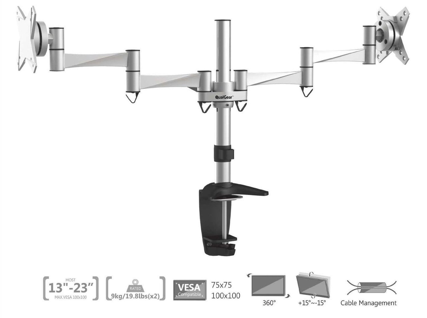 QualGear Qg-Dm-02-016 3 Way Articulating Dual Desk Mount for 13-27 Inches Flatpanel Monitors, Silver