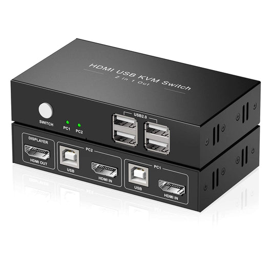HDMI KVM Switch 1 Monitors 2 Computers, USB KVM Switches Sharing 4 USB, Support Wireless Keyboard and Mouse, Powered by USB, with 2 HDMI and 2 USB