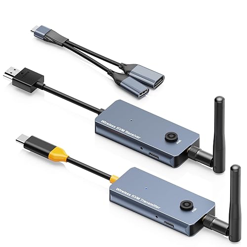650Ft/200M Wireless USB-C to HDMI KVM Transmitter and Receiver Kit 1080P@60Hz Wireless KVM Long-Range USB Extender Support Screen Streaming
