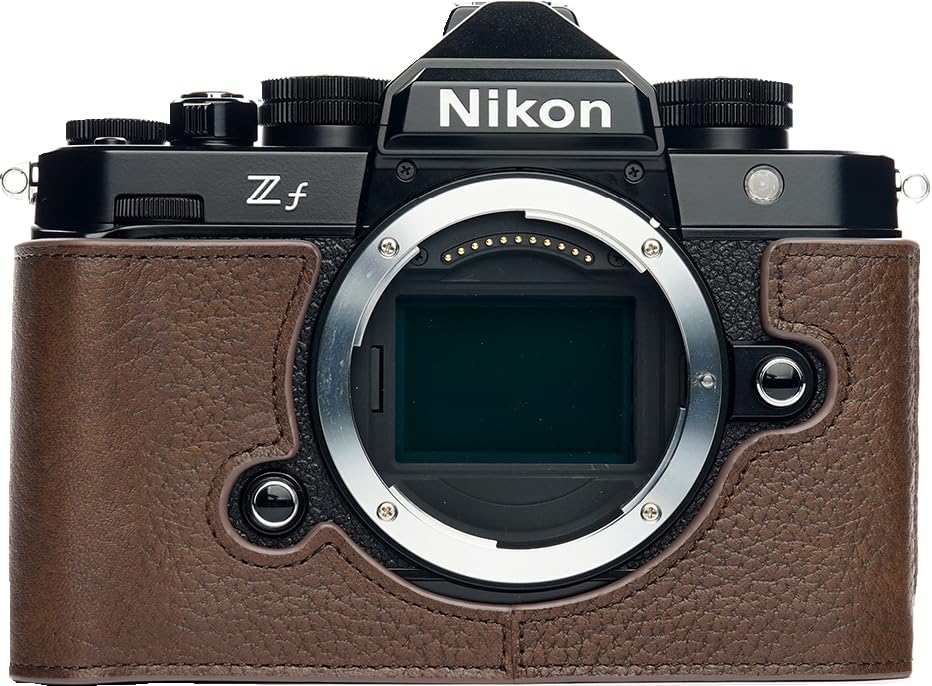 BMAOLLONGB ZF Camera Case, Handmade Genuine Real Leather Half Camera Case Bag Cover for Nikon ZF Camera Bottom Opening Version + Hand Strap (Coffee)