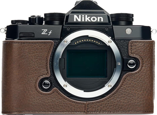 BMAOLLONGB ZF Camera Case, Handmade Genuine Real Leather Half Camera Case Bag Cover for Nikon ZF Camera Bottom Opening Version + Hand Strap (Coffee)