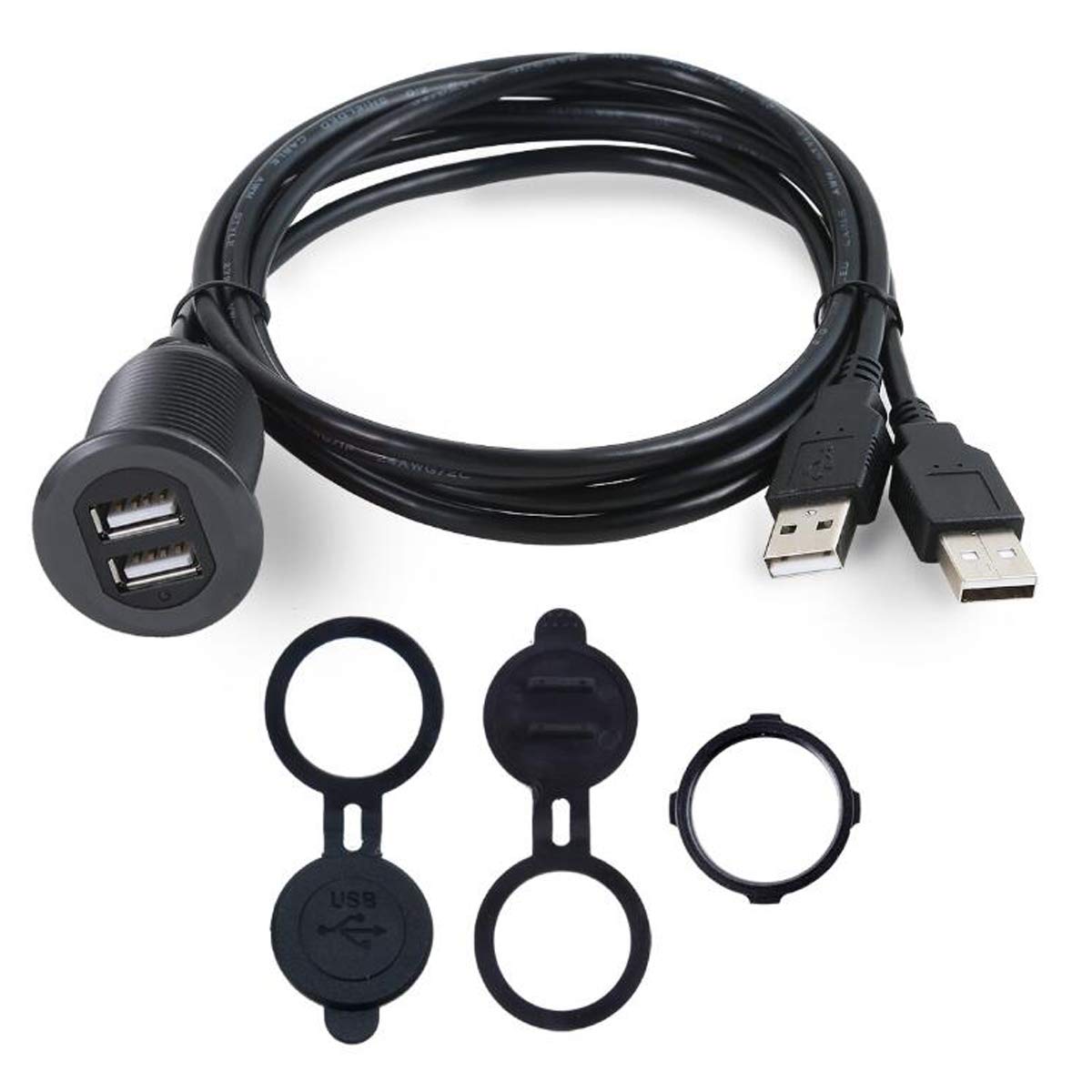 Kework 3.3ft Dual Ports USB 2.0 Flush Mount Cable, USB 2 Ports Male to 2 Ports Female Extender Dashboard Panel Mount Extension Cord for Car Truck Boat