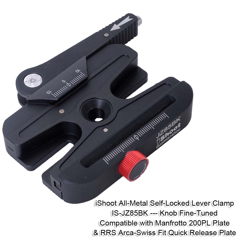 iShoot All-Metal Quick Self-Locked Long Lever Clamp Converter Adapter with Knob Fine-Tuned, Compatible with Manfrotto 200PL Plate & Arca-Swiss Fit