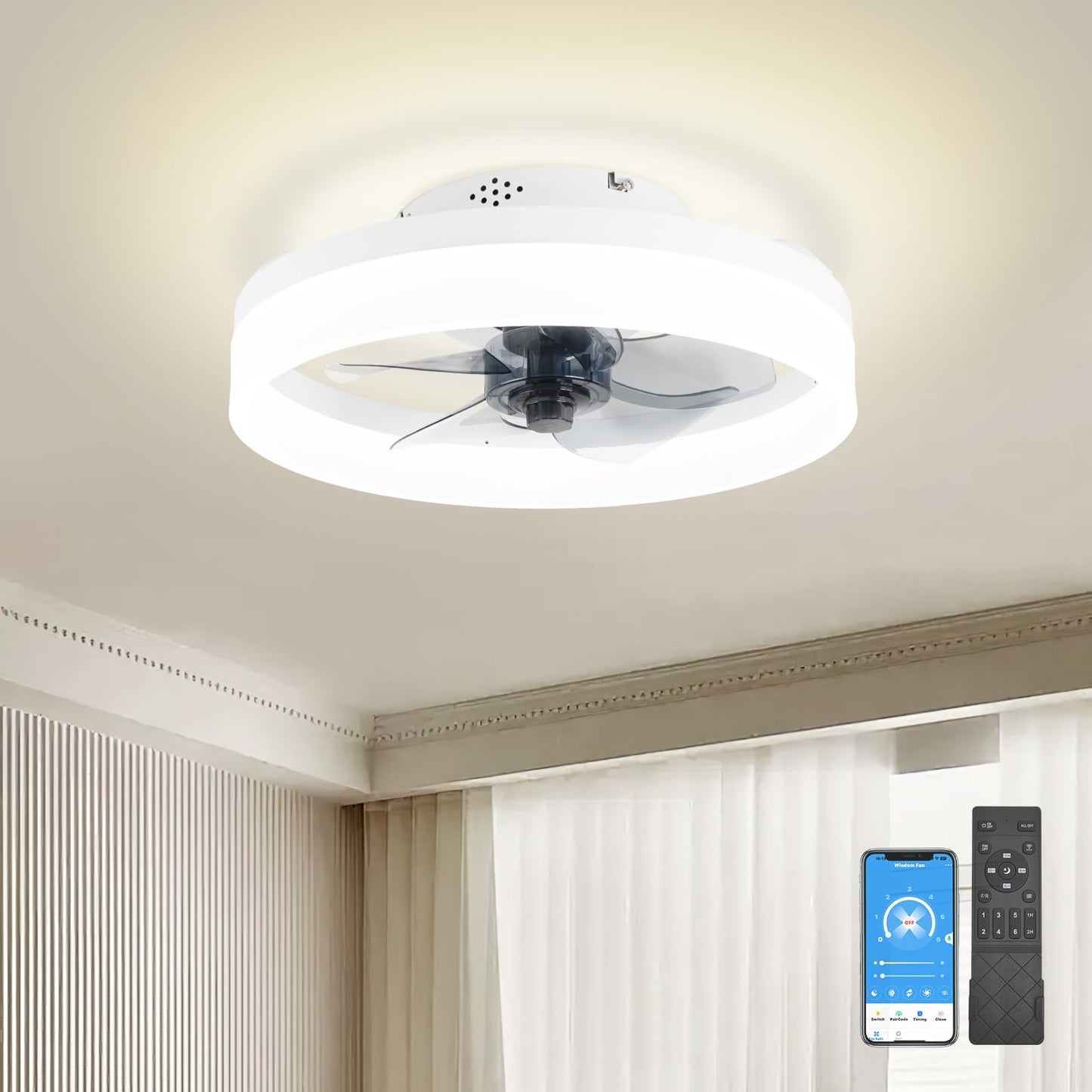 Ceiling Fans With Lights 15.7in, Low Profile Ceiling Fan Flush Mount With Remote, Dimmable LED 3 Color 6 Speeds Timing, Reversible Bladeless Modern