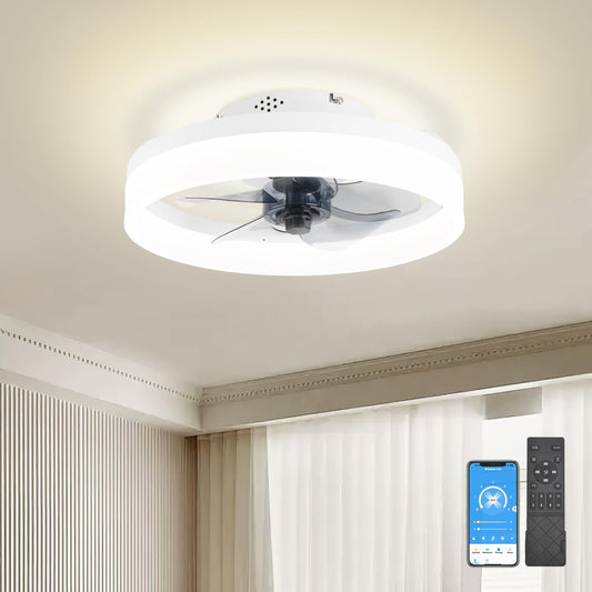 Ceiling Fans With Lights 15.7in, Low Profile Ceiling Fan Flush Mount With Remote, Dimmable LED 3 Color 6 Speeds Timing, Reversible Bladeless Modern