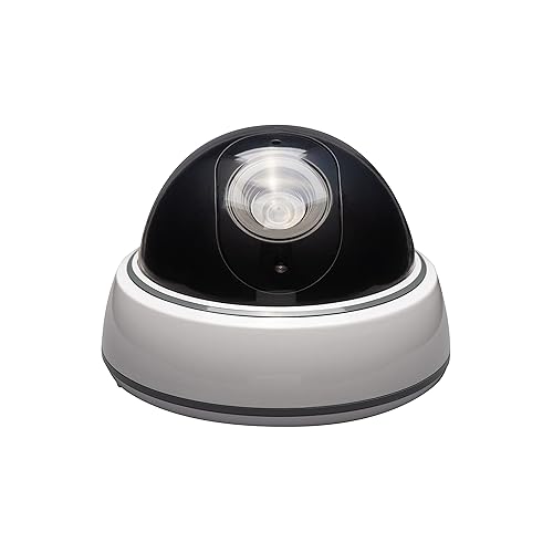 SABRE Fake Dome Security Camera, Flashing Red Light For Nighttime Visibility, Realistic Design Deters Intruders, Battery Operated, No Wiring Required