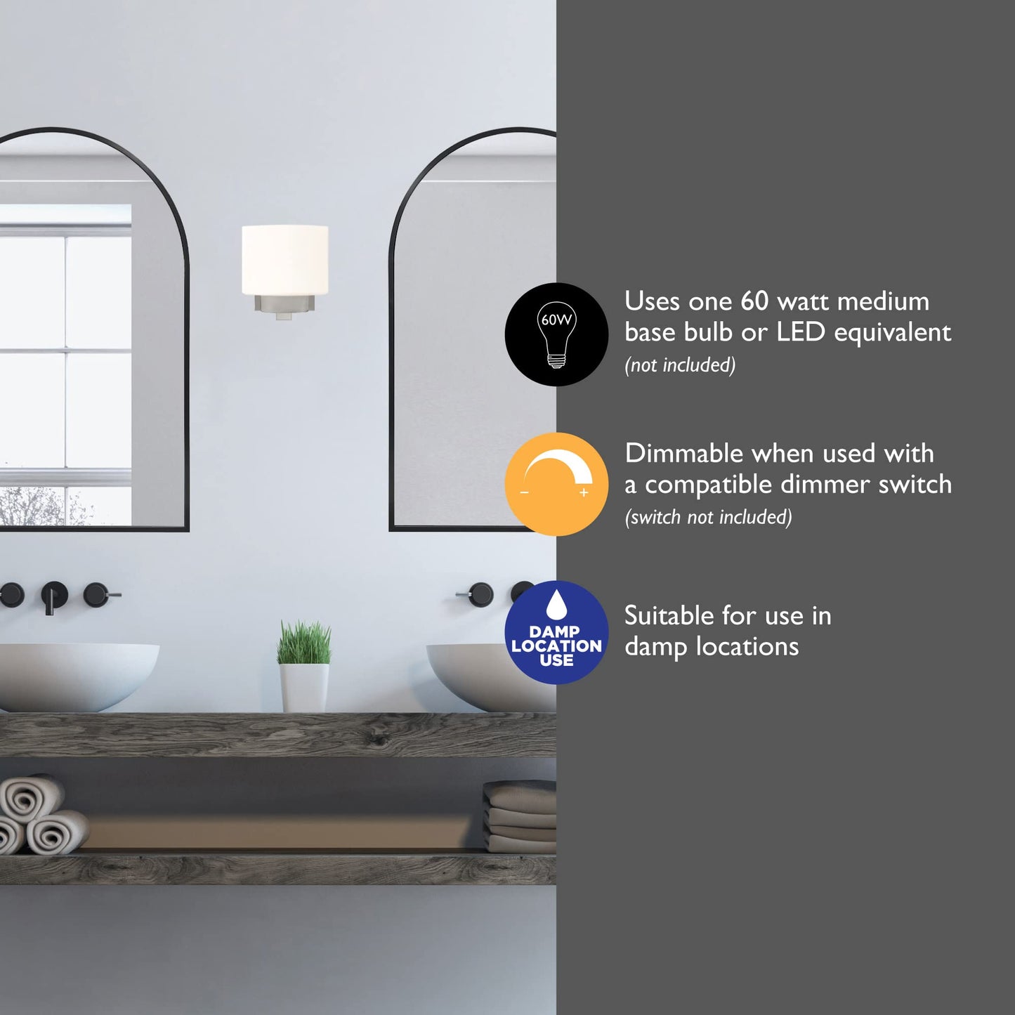 Design House Dove Creek Wall Light Sconce, Satin Nickel Finish, Frosted Glass, Dimmable, for Hallway, Bathroom, Foyer, Bedroom - Design House, 577981