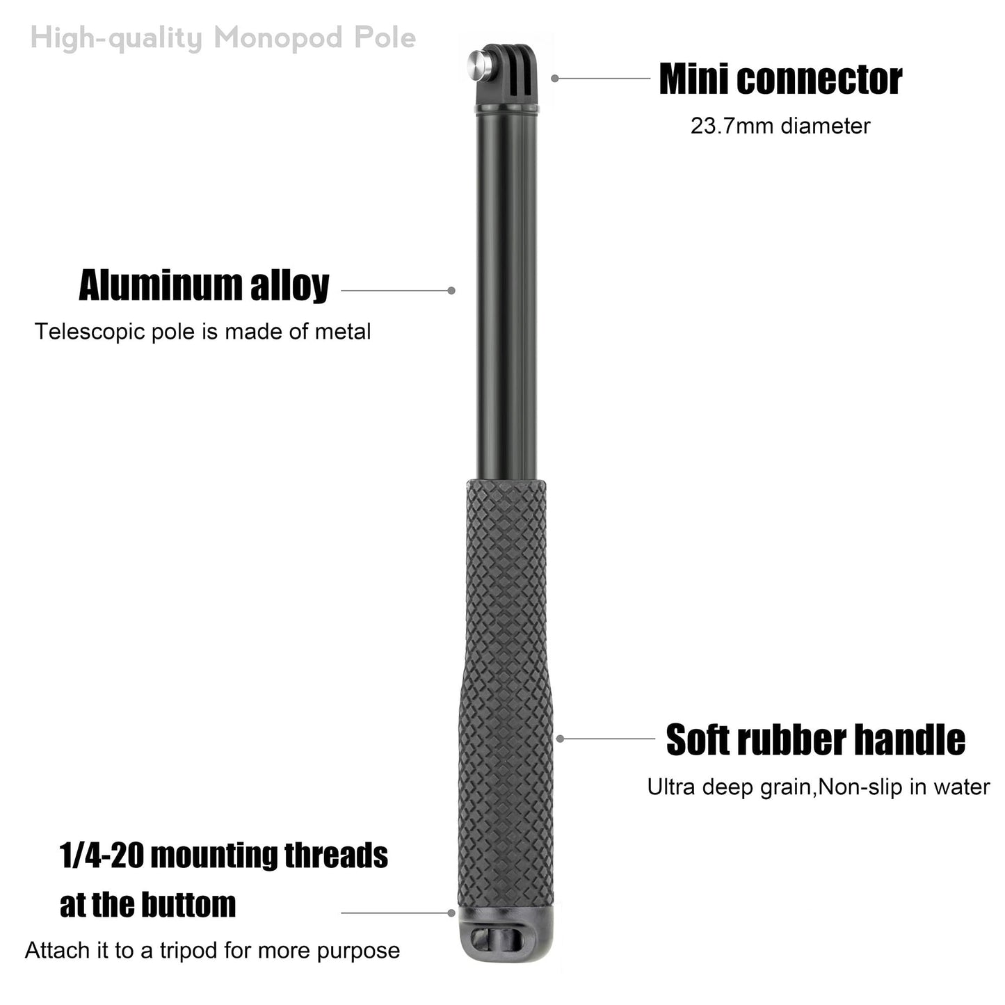 SOONSUN 45'' Waterproof Selfie Stick Extendable Monopod Hand Grip Aluminum Telescopic Pole Compatible with GoPro Hero 13 12 11 10 9 8 7 6 5 4 Session