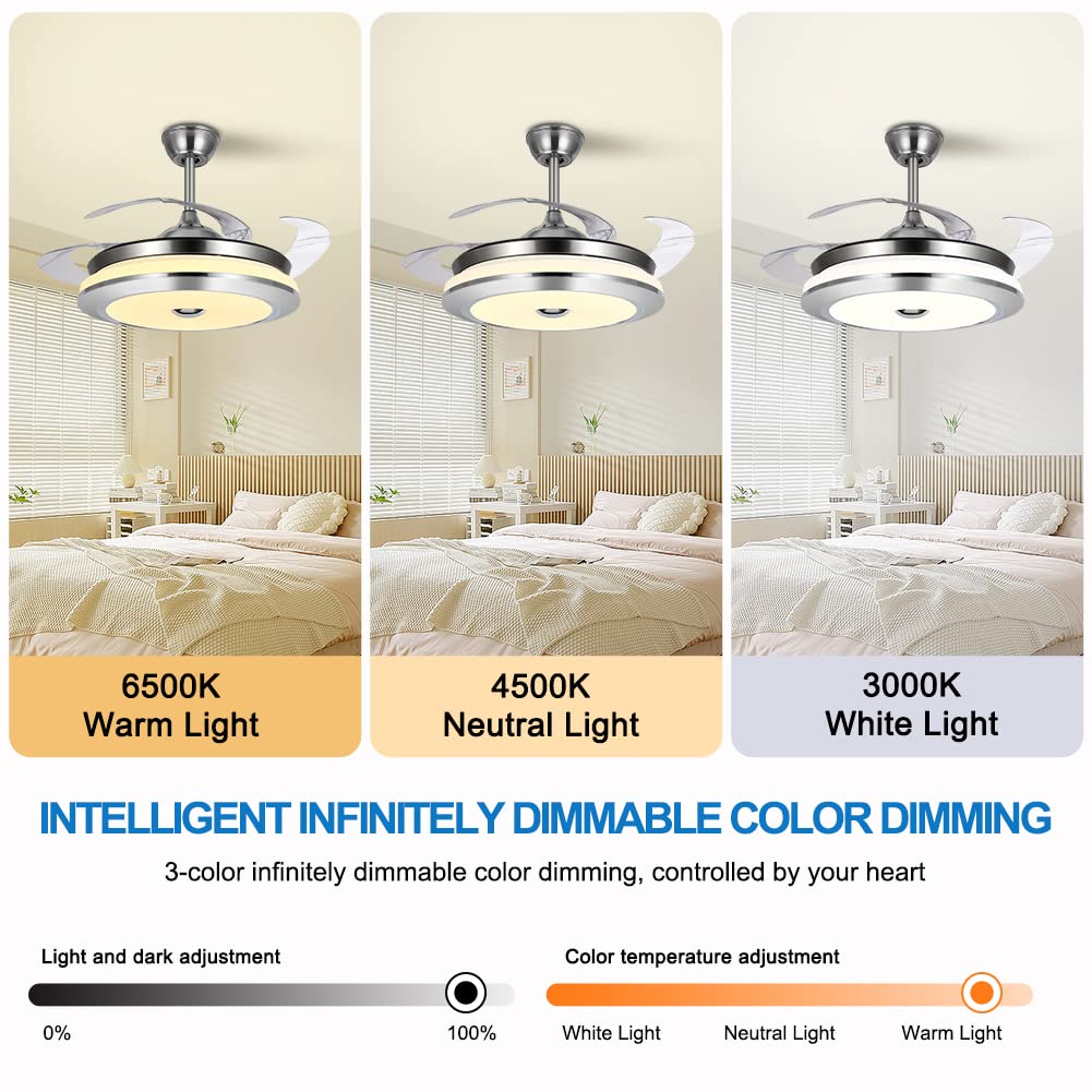42 Inch Ceiling Fans with Lights and Remote Control, Modern Retractable Blade Invisible Ceiling Fan Chandelier Light with 3-Color Change Fan Lights