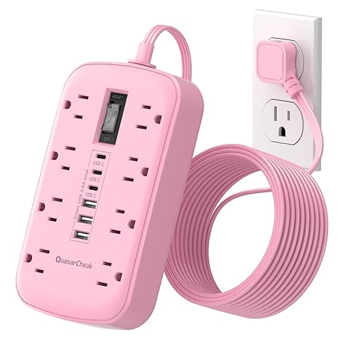 Pink Extension Cord with Surge Protector - 5 FT Kawaii Power Strip, Cute Extension Cord with 6 USB(3 USB C) and 8 Outlets, Pink Desk Accessories