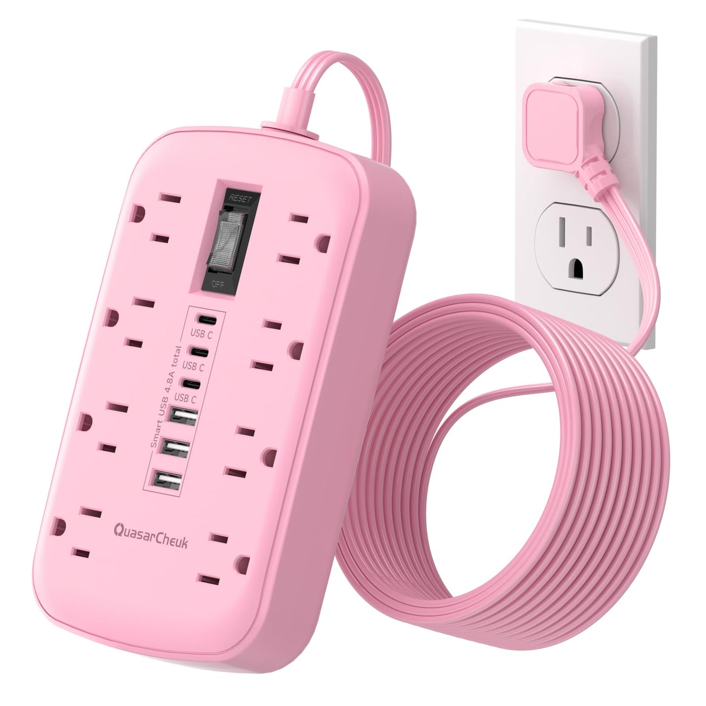 Pink Extension Cord with Surge Protector - 5 FT Kawaii Power Strip, Cute Extension Cord with 6 USB(3 USB C) and 8 Outlets, Pink Desk Accessories