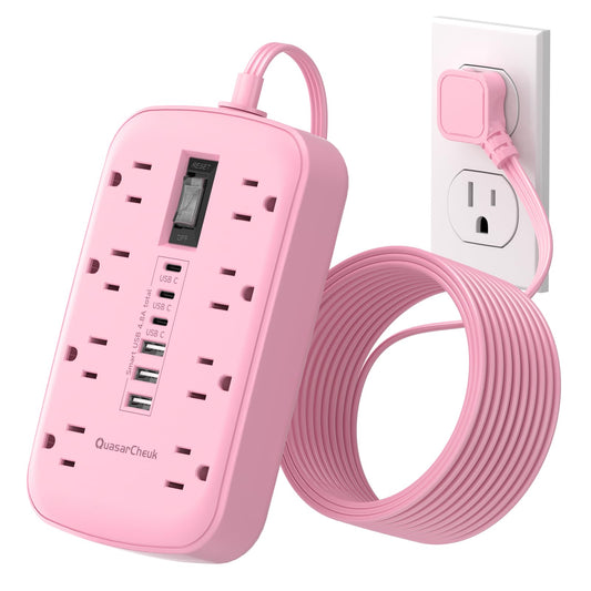 Pink Extension Cord with Surge Protector - 5 FT Kawaii Power Strip, Cute Extension Cord with 6 USB(3 USB C) and 8 Outlets, Pink Desk Accessories