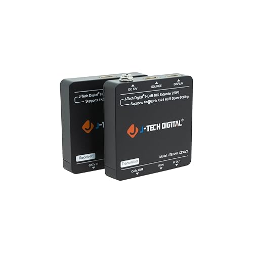 HDMI Extender 4K 60Hz Over Cat5e/6 Ethernet Cable Up to 230ft. Supports 4K Downscale HDMI Loop Out PoC HDR Bi-Directional IR by J-Tech Digital