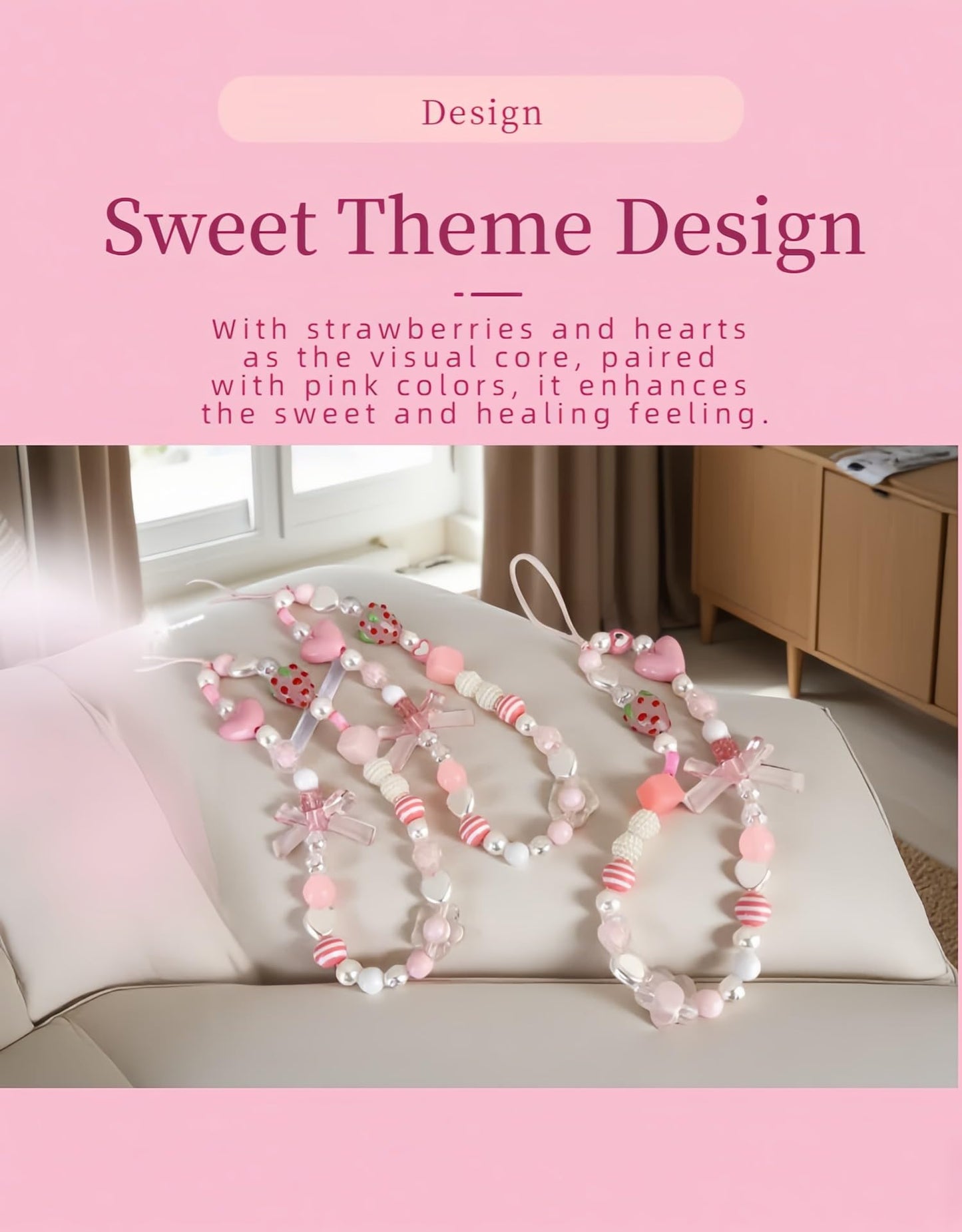 Strawberry Charm Phone Strap & Wristlet - Anti-Loss Sparkle Beaded Lanyard for Phone camera, Cute Kawaii Gift for Women Girls (Pink Pearl Bow), Short