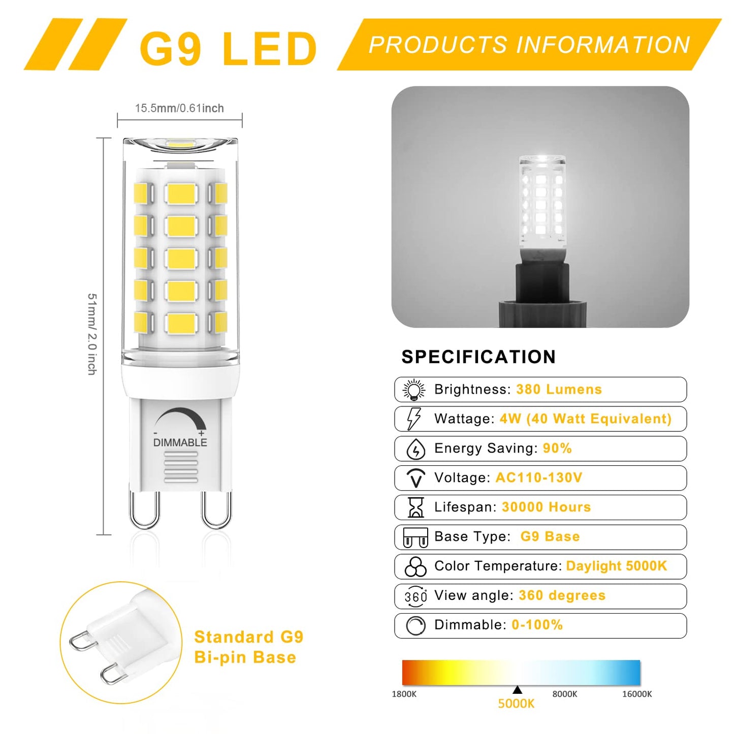 YUIIP G9 LED Bulb Dimmable, 4W, 40W Halogen Equivalent, 5000K Daylight White, AC 120V G9 Bi Pin Base Light Bulbs, 380LM, No Flicker, 360° Beam Angle