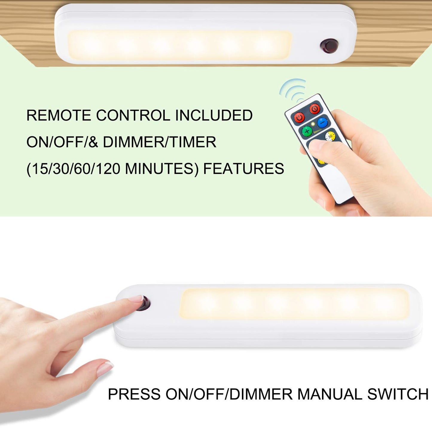 HONWELL Closet Light with Remote, Battery Operated Cabinet Light, Under Counter Lighting, 120 Lumens, LED Light Bar, Dimmable Push Light, Stick on